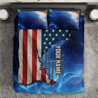 Patriotic bedding set in blue galaxy print with U.S. flag map and vertical 'YOUR NAME' text