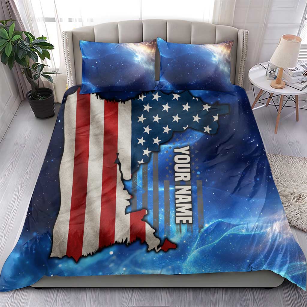 Patriotic bedding set on bed: blue galaxy U.S. flag map with 'YOUR NAME' graphic