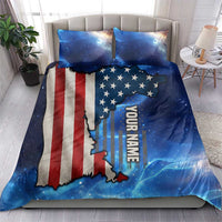 Patriotic bedding set on bed: blue galaxy U.S. flag map with 'YOUR NAME' graphic