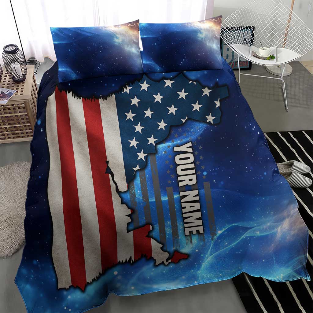 Patriotic bedding set with blue starry galaxy background, U.S. flag map, and 'YOUR NAME'