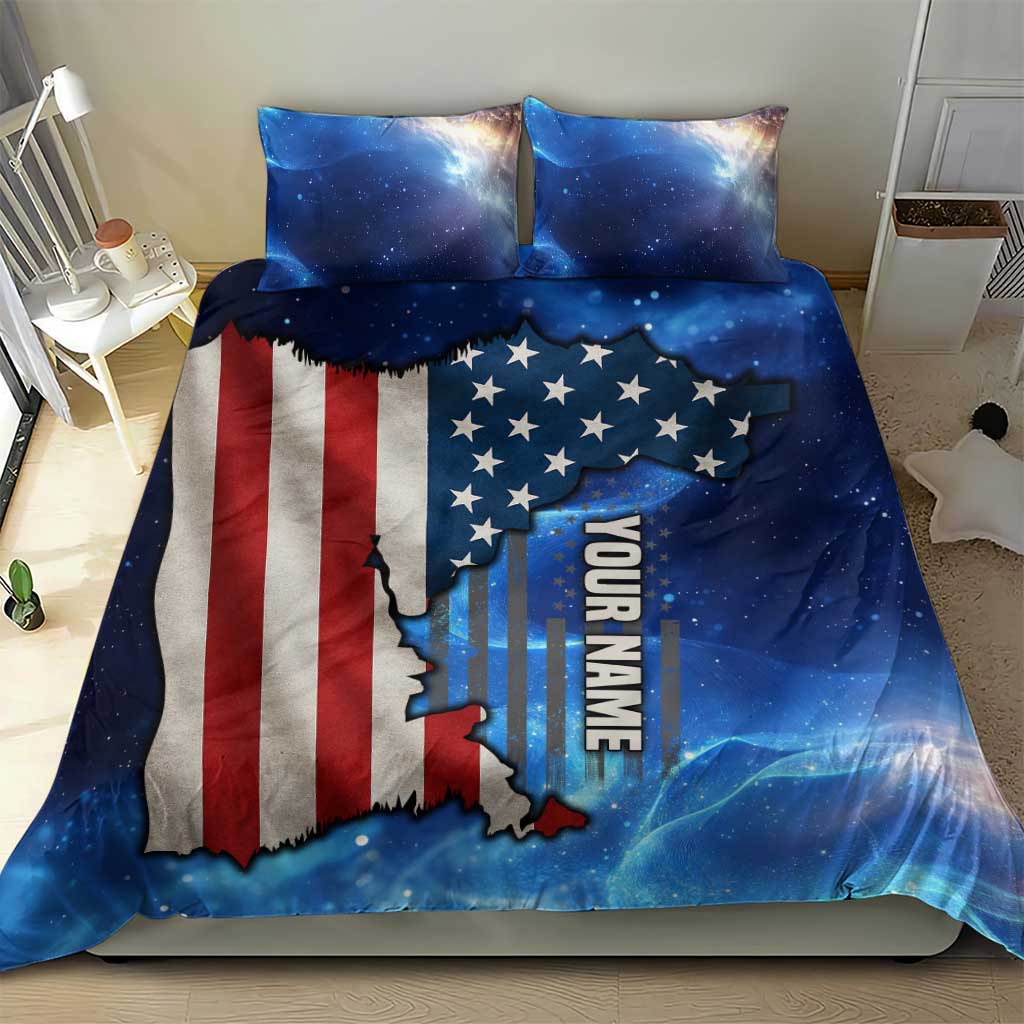Patriotic bedding set with two matching pillows featuring U.S. flag map and 'YOUR NAME'