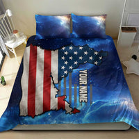 Patriotic bedding set with two matching pillows featuring U.S. flag map and 'YOUR NAME'