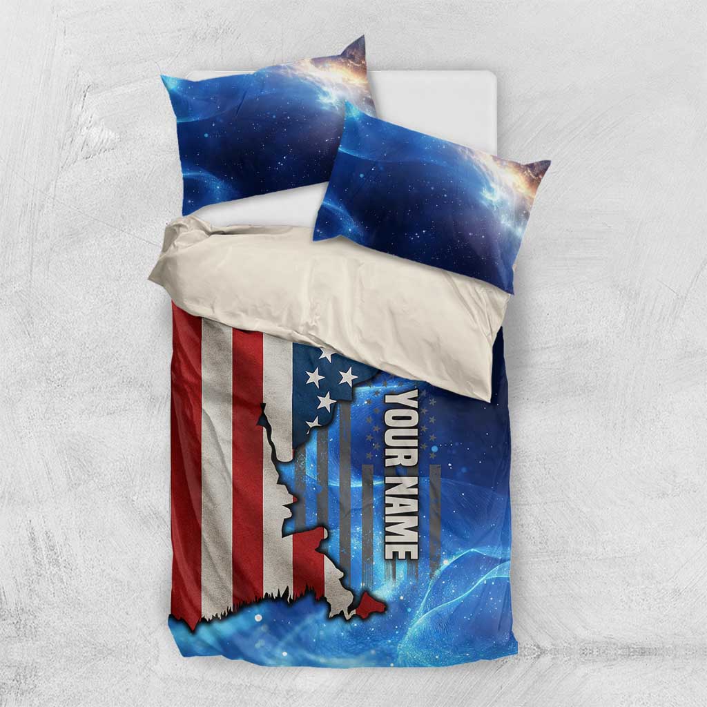 Patriotic bedding set with duvet and pillowcases, blue galaxy U.S. flag map, 'YOUR NAME'