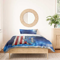 Patriotic bedding set with blue galaxy U.S. flag map and 'YOUR NAME' on duvet