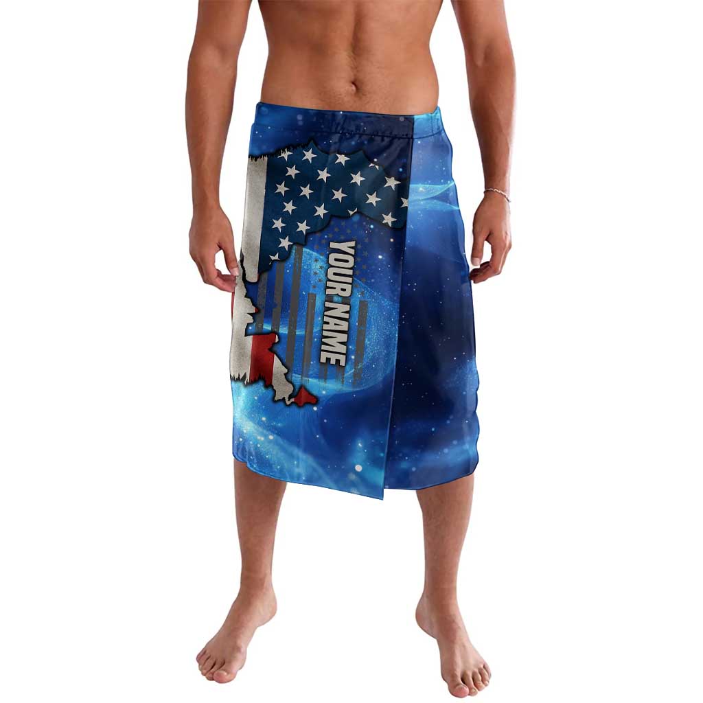 Blue galaxy lavalava with American flag stars, eagle graphic, and 'YOURNAME' print