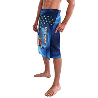Blue American-flag galaxy lavalava with 'YOURNAME' vertical text and eagle graphic