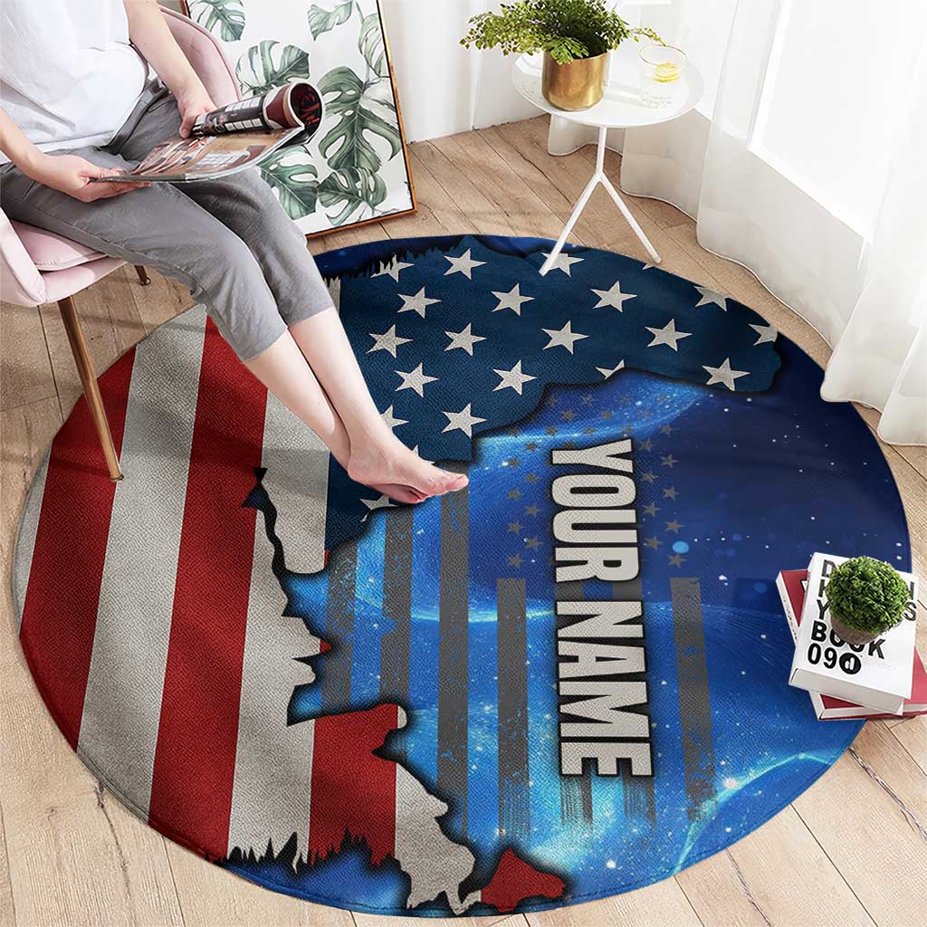 Round blue patriotic graphic carpet showing stars, U.S. map silhouette, and red stripes