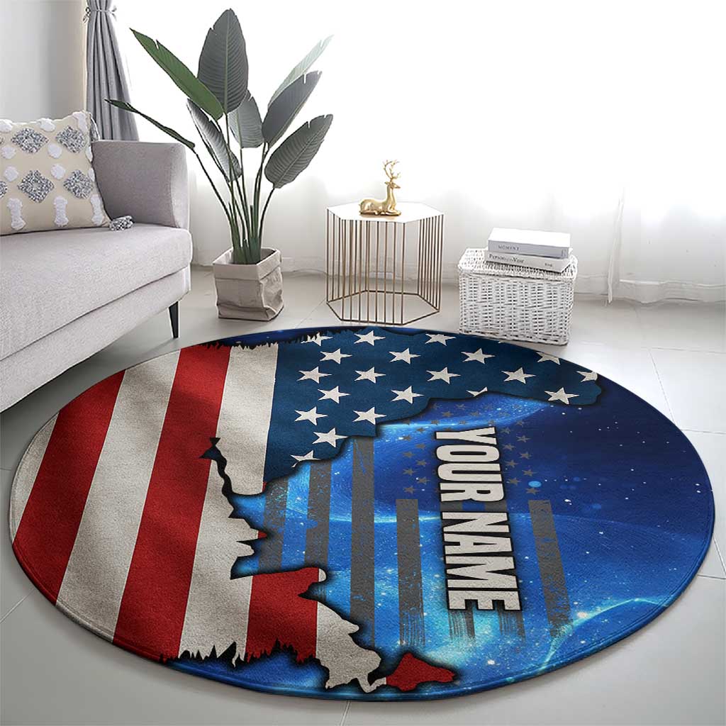 Round blue galaxy-style patriotic carpet with stars, flag stripes, and state silhouette