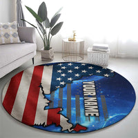 Round blue galaxy-style patriotic carpet with stars, flag stripes, and state silhouette
