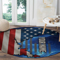 Round blue patriotic graphic carpet with star field, red-white stripes, and map outline