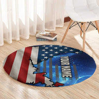 Round blue patriotic carpet with red-and-white flag stripes, stars, and map graphic