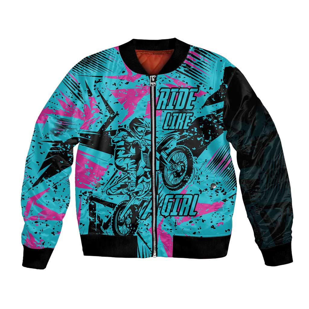 Personalized Ride Like a Girl Bomber Jacket Motocross Graphic and Turquoise Pink Graffiti Design - Wonder Print Shop