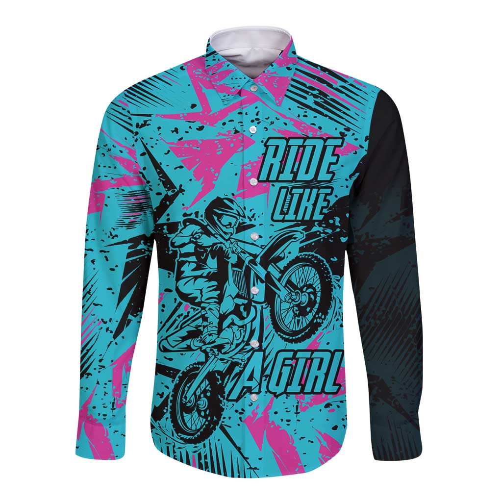 Personalized Ride Like a Girl Long Sleeve Button Shirt Motocross Graphic and Turquoise Pink Graffiti Design - Wonder Print Shop