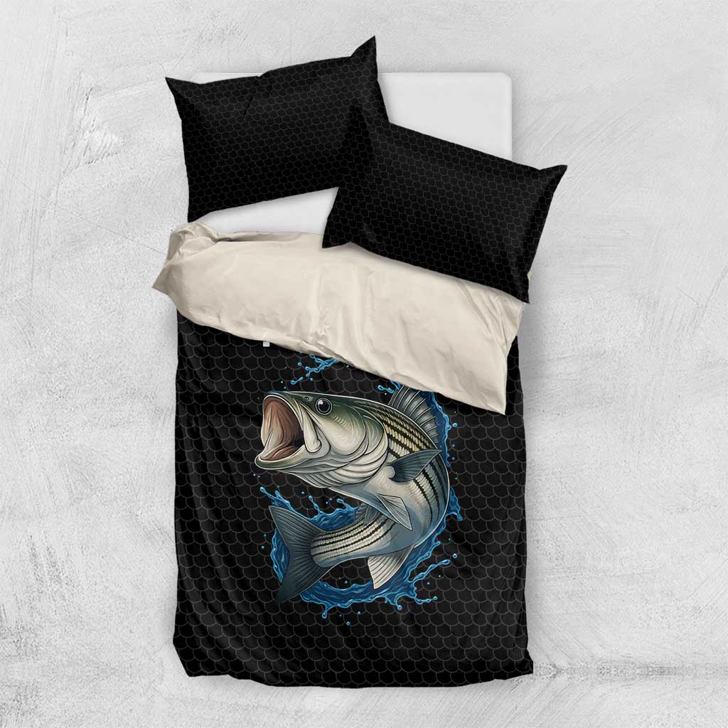 Striped Bass Jumping Bedding Set Blue Splash Graphic and Custom Name Design - Wonder Print Shop