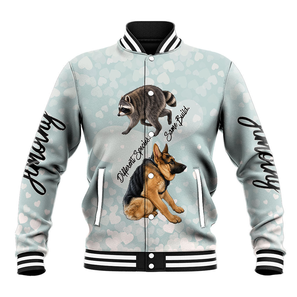 Jimothy The Raccoon And Dogs Baseball Jacket Different Species Same Build Inspirational Heart