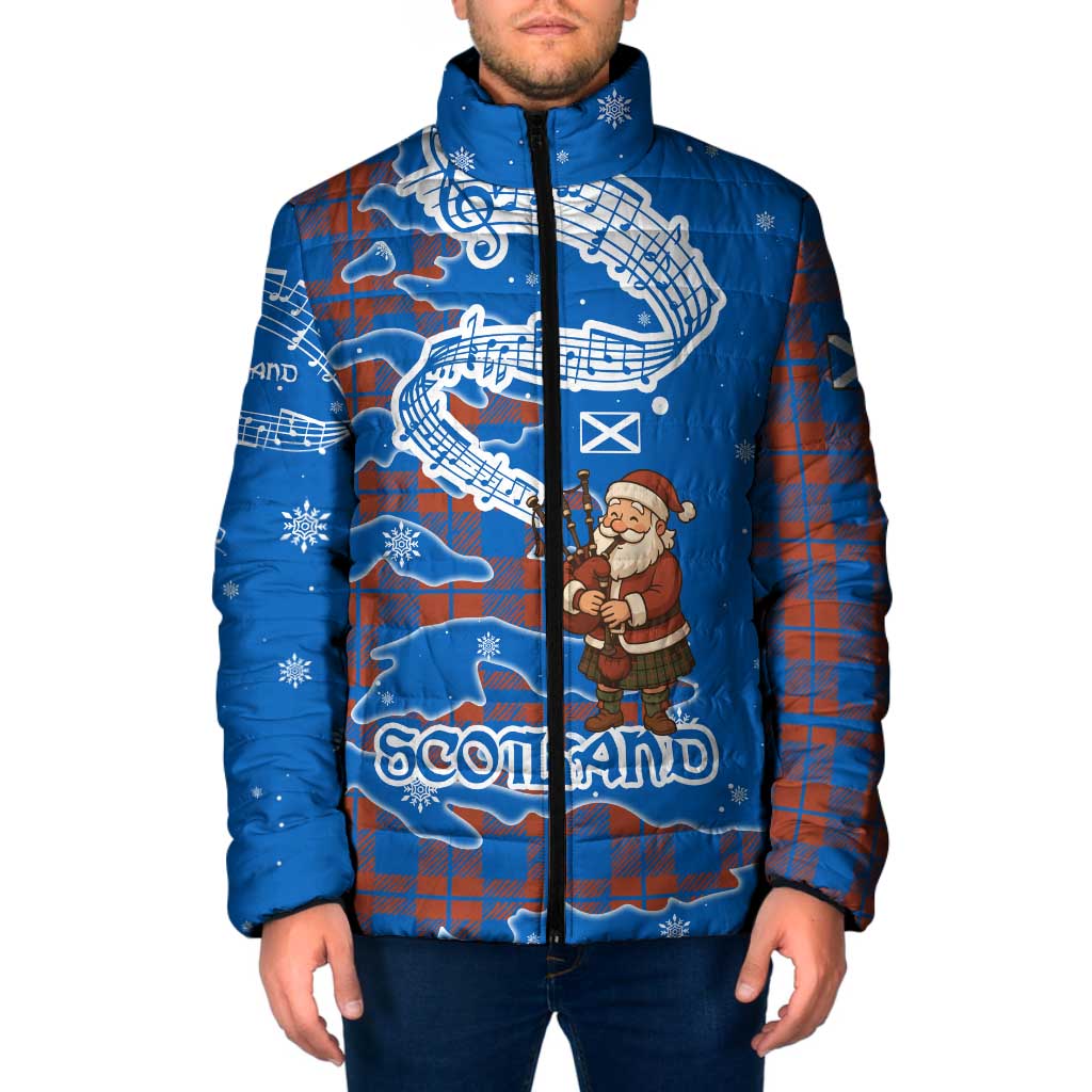 Scotland Christmas Padded Jacket with Santa Playing Bagpipes and Blue Red Tartan Music Notes - Wonder Print Shop
