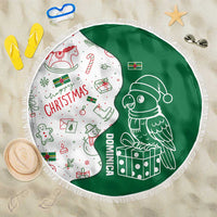 Green and white round Christmas beach blanket with parrot artwork and fringed border