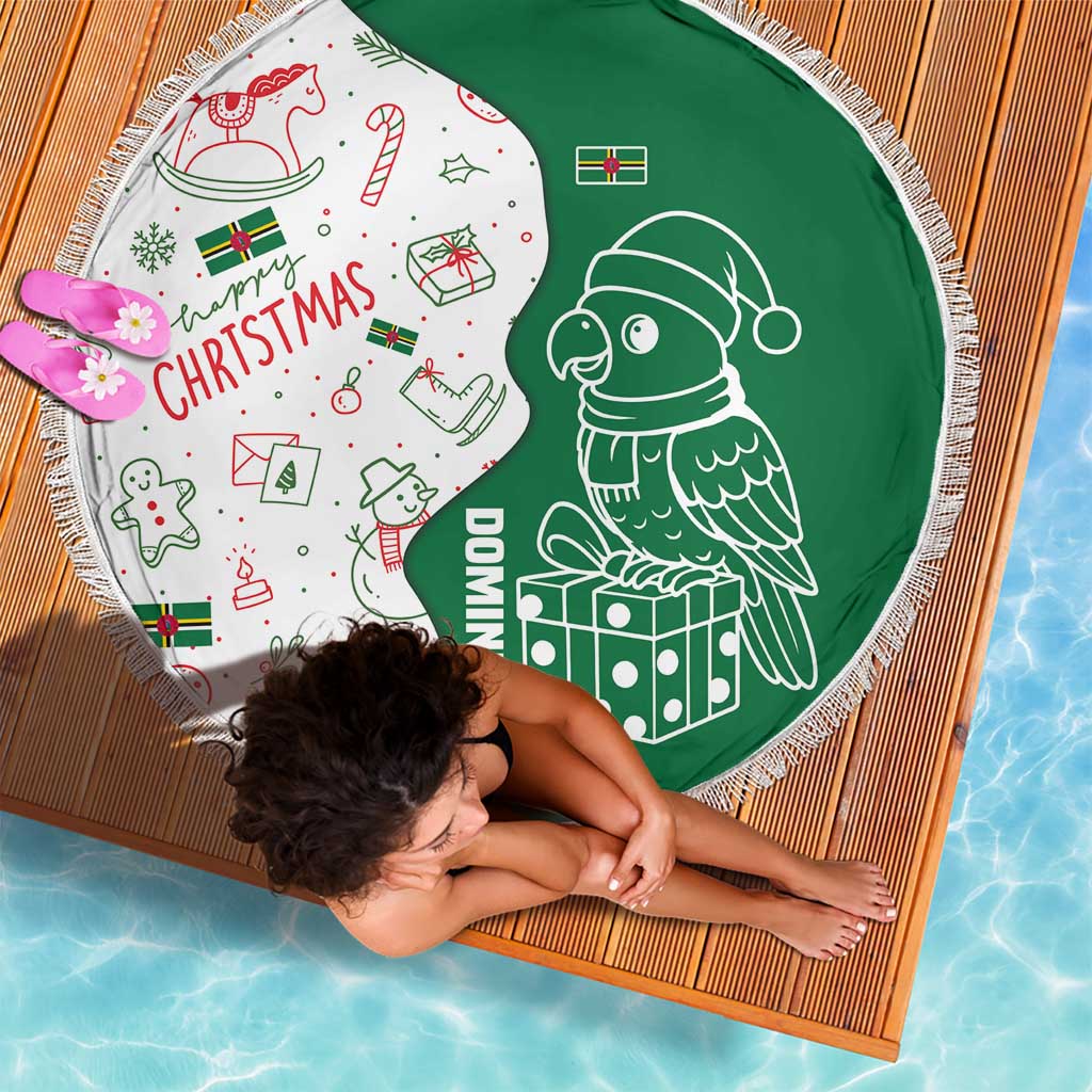 Green and white round beach blanket with parrot design and festive icons, fringed edge