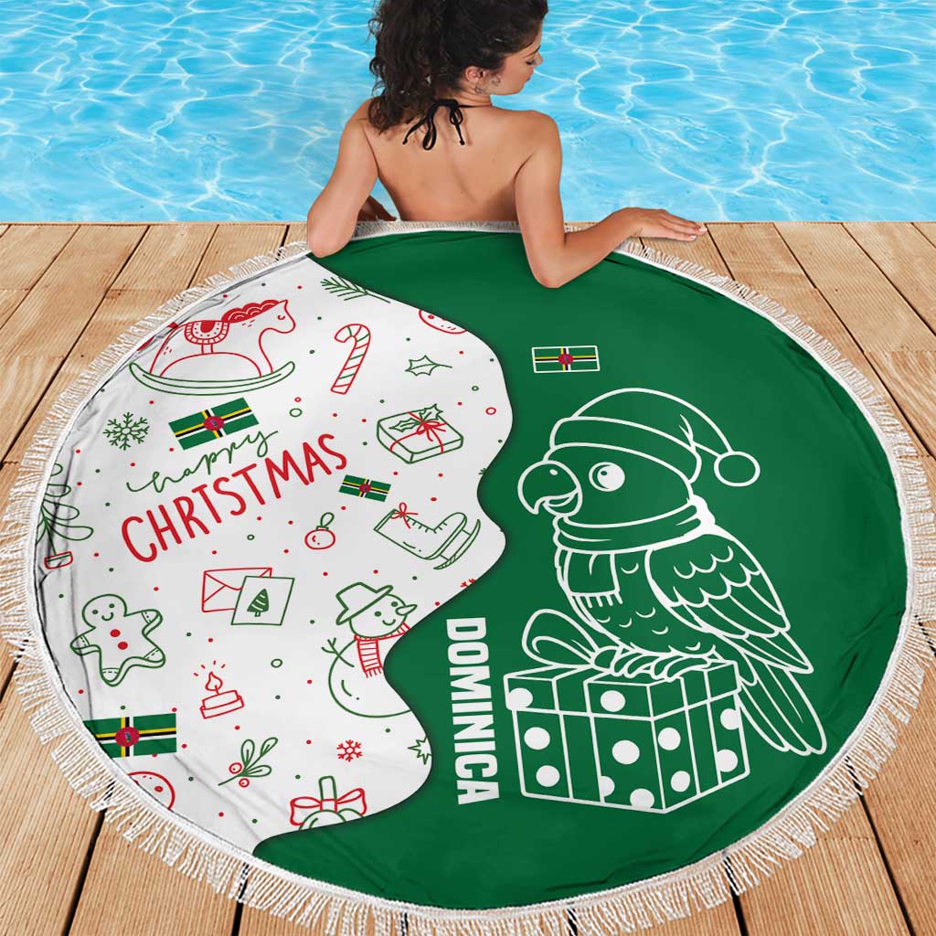 Round Christmas beach blanket with green parrot side, white festive side, fringed edge