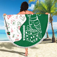 Fringed round Dominica Christmas beach blanket with parrot and holiday icons, green and white