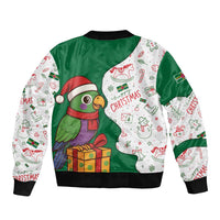 Dominica Christmas Bomber Jacket with Parrot Gift Box and Festive Pattern Design - Wonder Print Shop