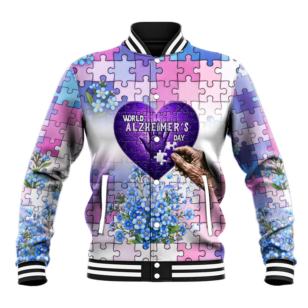 World Alzheimer's Day Baseball Jacket Brain Puzzle Floral Heart - Purple Brain
