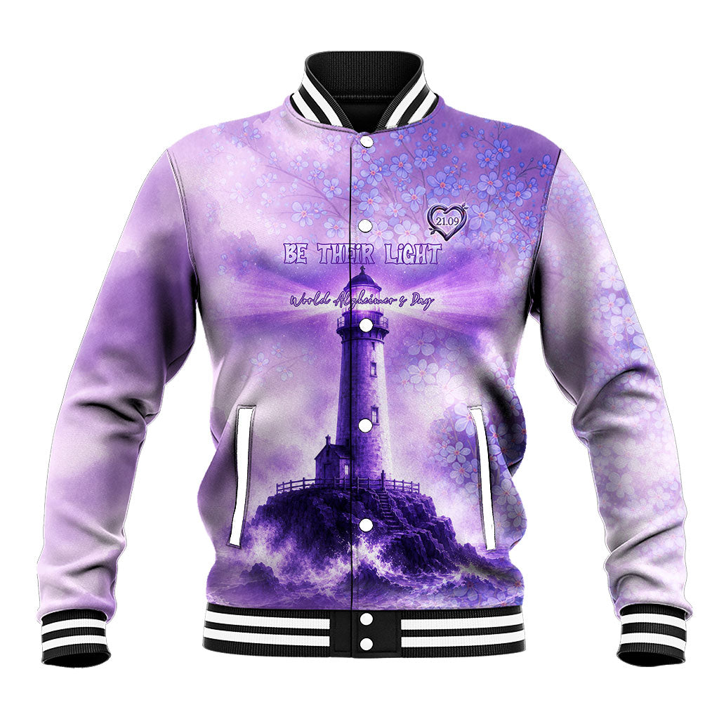 World Alzheimer's Day Lighthouse Be Their Light Baseball Jacket Purple Ribbon Floral Watercolor Memory
