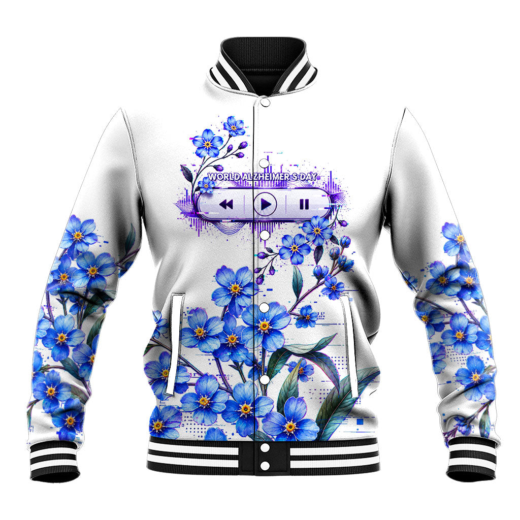 World Alzheimer's Day Cassette Tape Brain Baseball Jacket Blue Floral Forget Me Not Watercolor Music Player