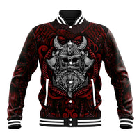 Black baseball jacket with red/gray Viking skull warrior graphic, ribbed snap front