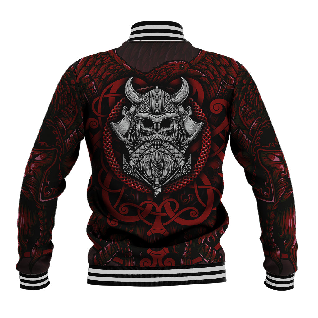 Black baseball jacket with red/gray back Viking graphic, ribbed striped collar and cuffs