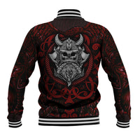 Black baseball jacket with red/gray back Viking graphic, ribbed striped collar and cuffs
