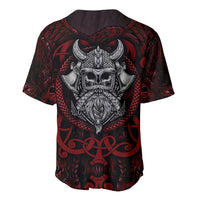 Black and red baseball jersey with Viking warrior skull back graphic
