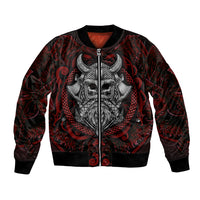 Unisex black bomber jacket with red abstract pattern, skull warrior graphic, zip front