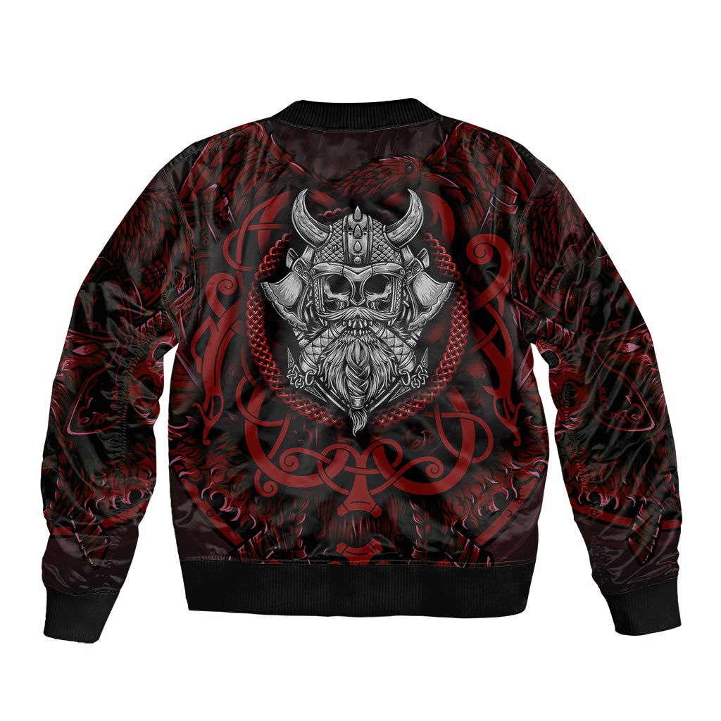 Unisex black bomber jacket with red swirls, large skull-and-helmet warrior graphic, ribbed hem