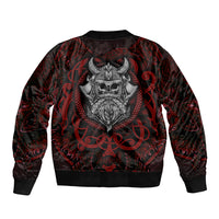 Unisex black bomber jacket with red swirls, large skull-and-helmet warrior graphic, ribbed hem