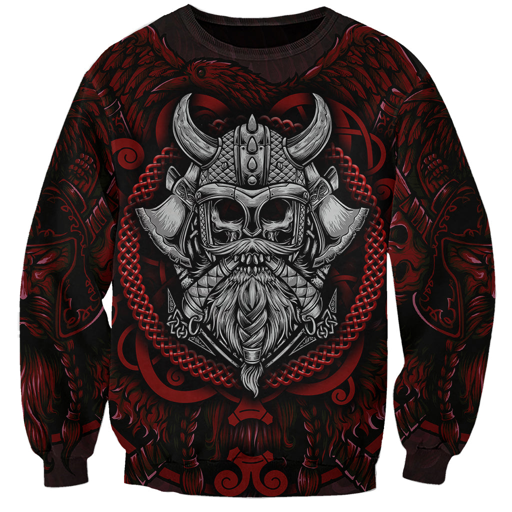 Black unisex sweatshirt with red graphic Viking warrior skull and chains, crew neck