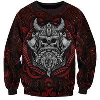 Black unisex sweatshirt with red graphic Viking warrior skull and chains, crew neck