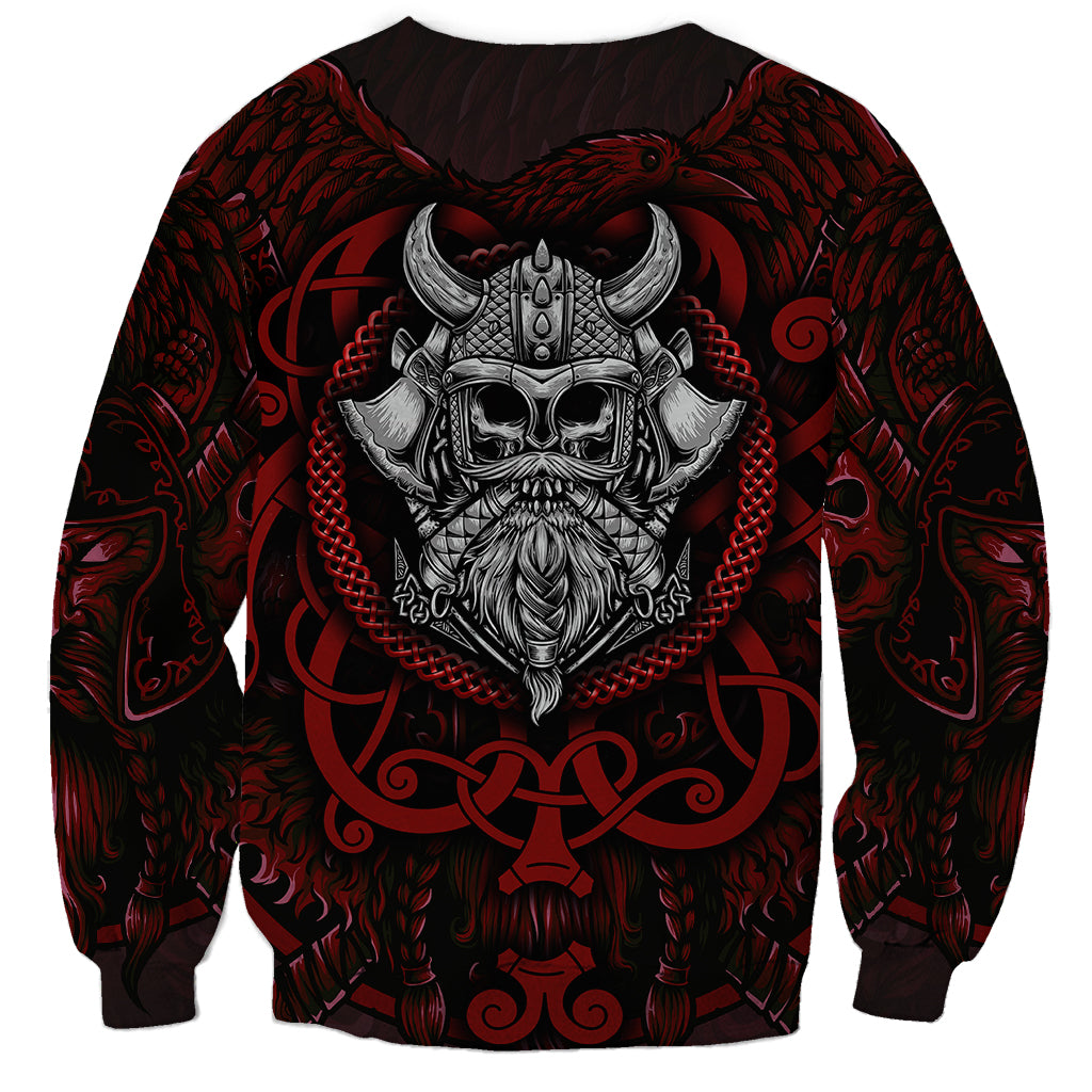 Black unisex sweatshirt with red-and-gray Viking warrior back graphic, crew neck
