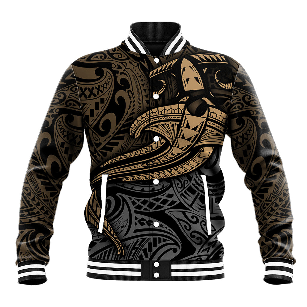 Unisex black baseball jacket with yellow tribal shark graphic, striped ribbed collar cuffs