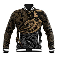 Unisex black baseball jacket with yellow tribal shark graphic, striped ribbed collar cuffs