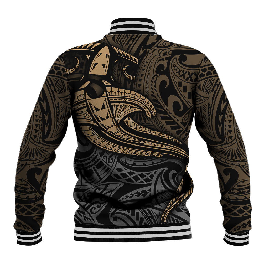 Unisex black baseball jacket with yellow tribal shark graphic on back, striped ribbed hem cuffs