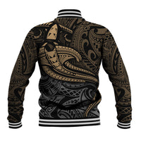 Unisex black baseball jacket with yellow tribal shark graphic on back, striped ribbed hem cuffs