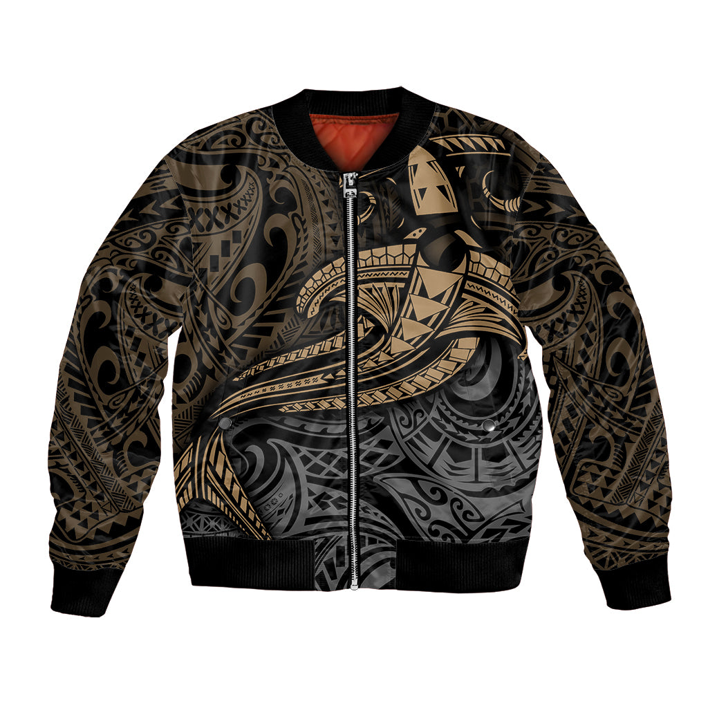 Unisex bomber jacket with tribal shark graphic, black and yellow, full-zip front.
