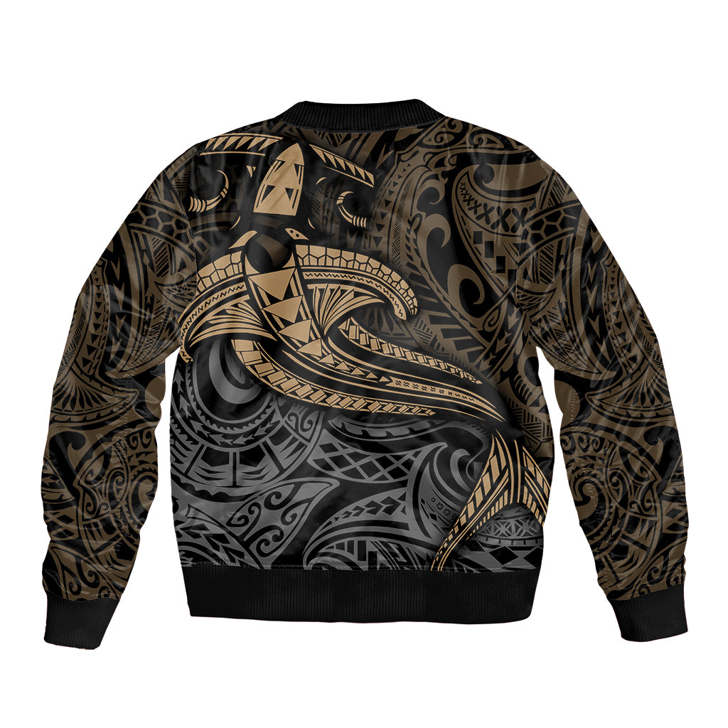 Unisex bomber jacket with tribal shark graphic on back, black and yellow, ribbed cuffs.