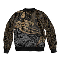 Unisex bomber jacket with tribal shark graphic on back, black and yellow, ribbed cuffs.