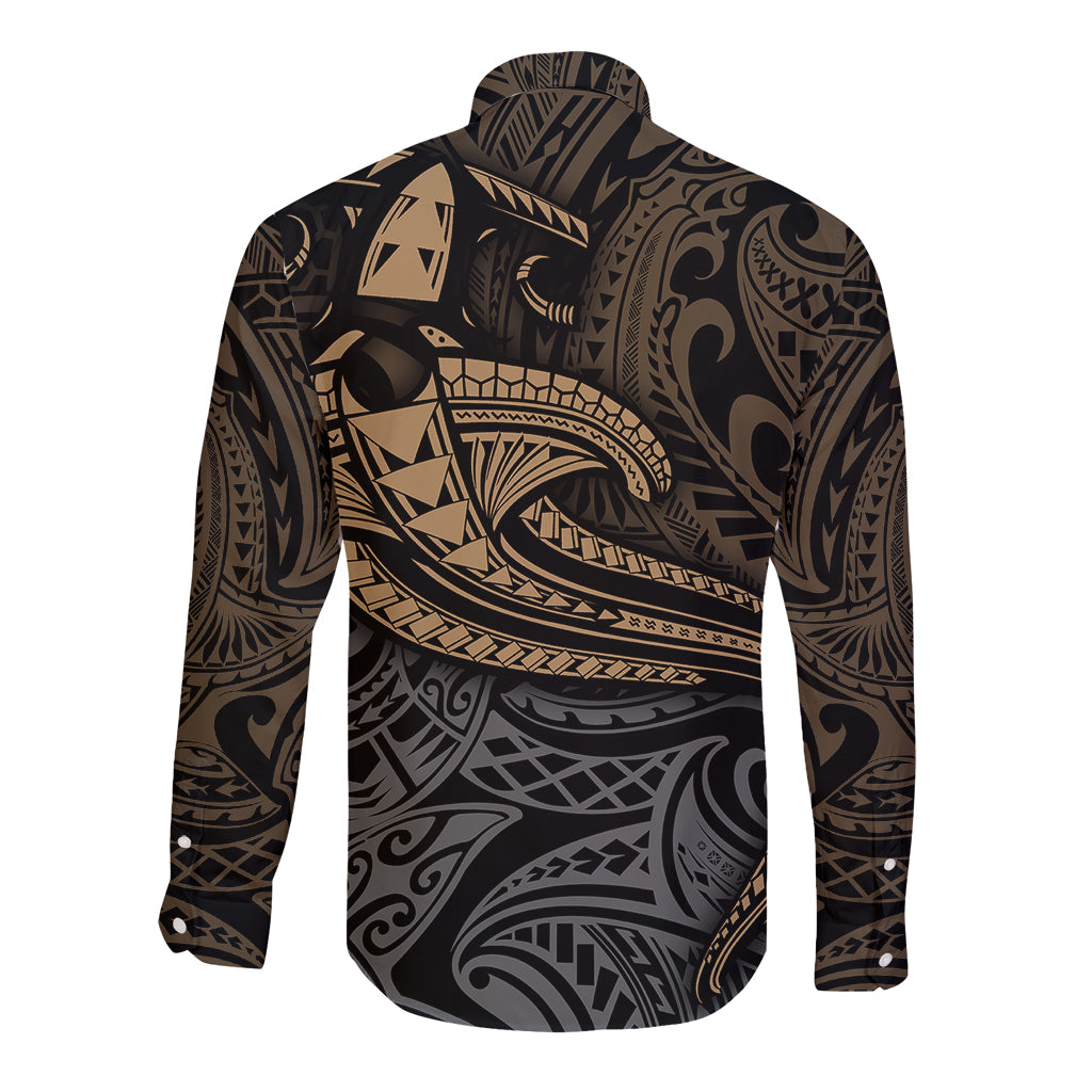 Unisex long-sleeve button shirt, back view, black yellow tribal pattern