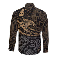 Unisex long-sleeve button shirt, back view, black yellow tribal pattern