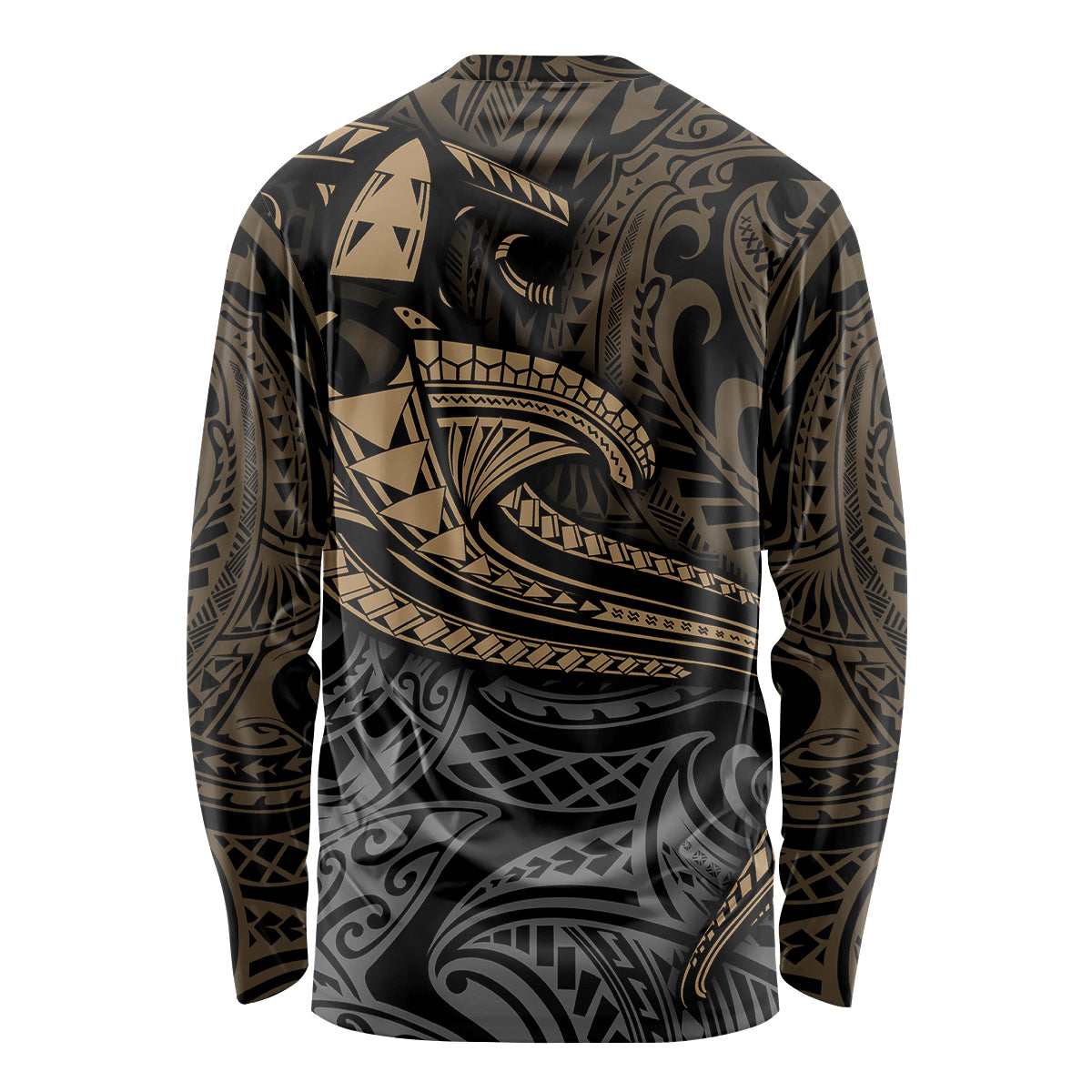 Unisex black long-sleeve shirt, back view, gold tribal hammerhead shark design