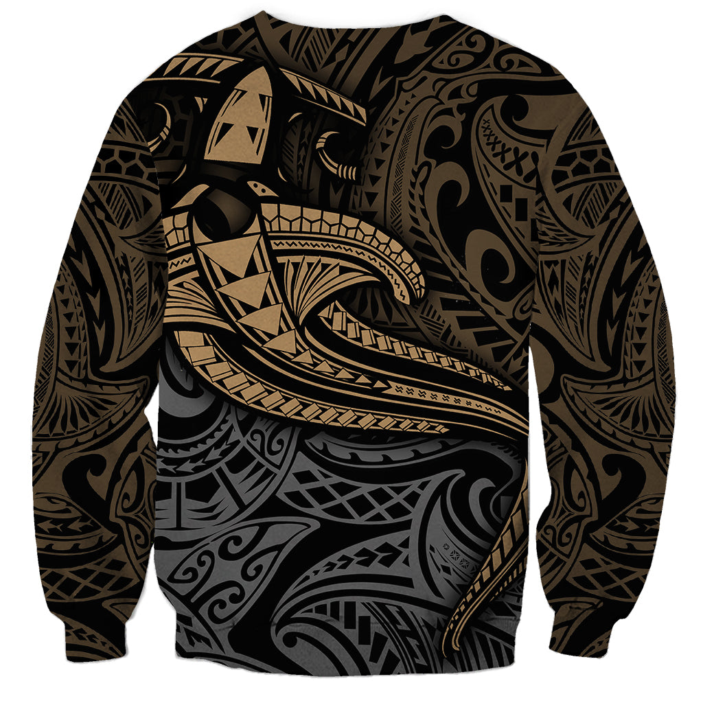 Unisex crewneck sweatshirt in black with yellow-and-gray tribal shark motif, long sleeves