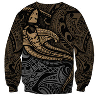 Unisex crewneck sweatshirt in black with yellow-and-gray tribal shark motif, long sleeves